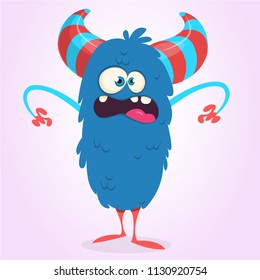 Happy blue cartoon monster bigfoot or yeti. Vector Halloween illustration