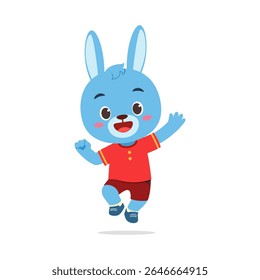 Happy Blue Cartoon Rabbit Jumping in Air and Waving Hand with Joyful Expression on White