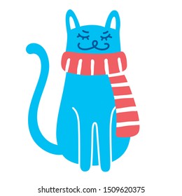 Happy blue cat in a red striped scarf on a white background, vector drawing