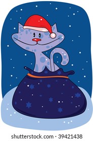 Happy blue cat in santa's hat