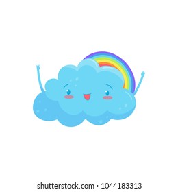 Happy blue cloud with adorable face and little hands, colorful rainbow behind him. Cartoon weather character. Flat vector for greeting card, sticker or mobile game