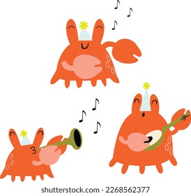 Feliz personaje de caricatura animal de Crabs azul aislado de fondo blanco. Bailar con un personaje de cangrejo, cantar, tocar música. 