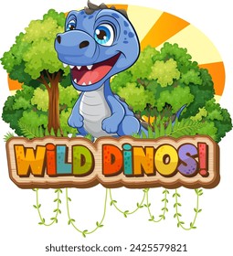 Happy blue dinosaur with a vibrant forest backdrop