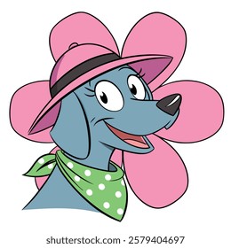 Happy Blue Dog Cartoon with Pink Hat and Green Polka Dot Bandana.