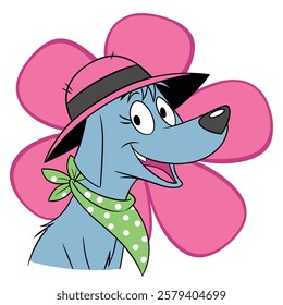 Happy Blue Dog Cartoon with Pink Hat and Green Polka Dot Bandana.