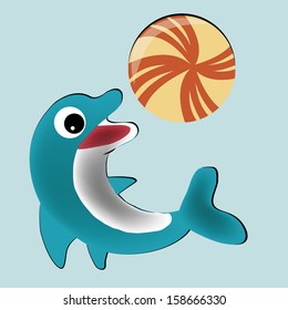 a happy blue dolphin playing with a red ball