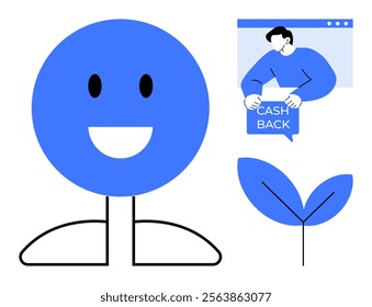 A happy blue face person, a person holding a cash back sign, and a simplified blue leaf. Ideal for financial themes, eco-friendly campaigns, customer satisfaction, digital marketing, and minimalist