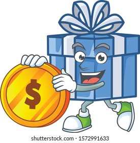 happy blue gift box cartoon character with gold coin