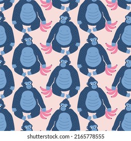 Happy blue gorillas and bananas hand drawn vector illustration. Funny safari animals seamless pattern for kids fabric or wallpaper.