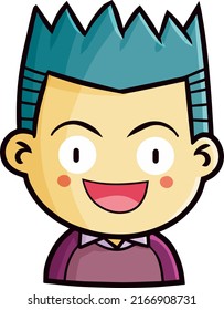 Happy Blue Hair Male Portrait Cartoon Illustration