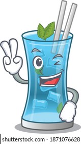 Happy blue hawai cocktail cartoon design concept show two fingers