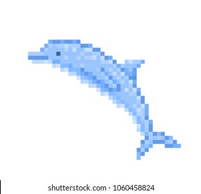 Happy blue jumping bottlenose dolphin, cartoon pixel art character isolated on white background. Wildlife animal, aquatic mammal. Dolphinarium logo. Water circus show emblem. Retro video game graphics