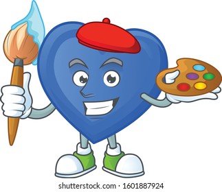 Happy blue love painter cartoon icon with brush