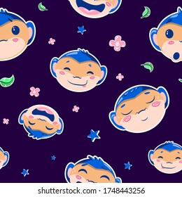happy blue monkey head seamless vector pattern wallpaper