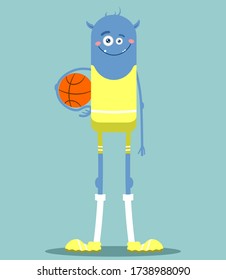 Happy blue monster basketball player in uniform with ball. Cartoon vector illustration.