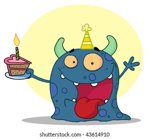 Happy blue monster celebrates birthday with cake