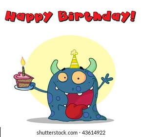 Happy blue monster celebrates birthday with cake