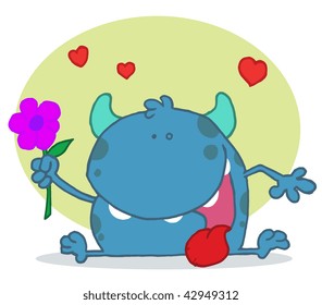 Happy Blue Monster Holding A Yellow Flower