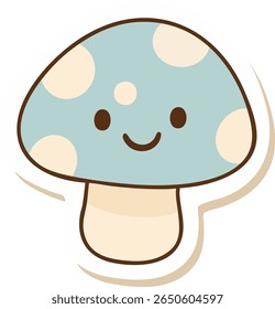 Happy blue mushroom with cute face. Whimsical forest-themed pastel sticker for kids or journals.