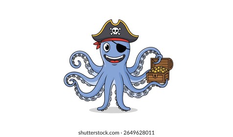 A happy blue octopus wearing a pirate hat and eye patch holding a treasure chest full of gold coins and jewels is ready for adventure on the high seas