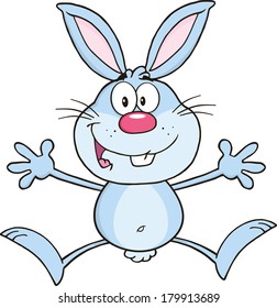 Happy Blue Rabbit Cartoon Character Jumping. Vector Illustration Isolated on white