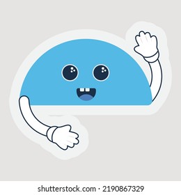 Happy Blue Semi Circle Cartoon With Hand Up And Down Sticker Vector.