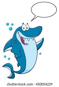 Happy Blue Shark Cartoon Mascot Character Waving For Greeting. Vector Illustration Isolated On White Background