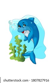 A happy blue shark in the blue sea, design animal cartoon vector illustration