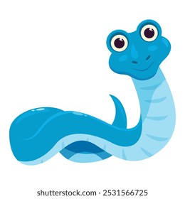 Personagem de desenho animado de cobra azul feliz deslizando com um grande sorriso