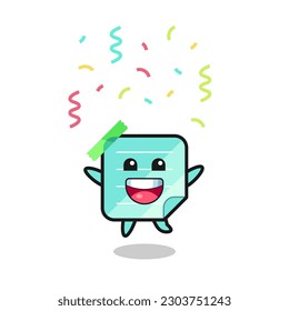 notas pegajosas de color azul feliz mascota saltando por felicitación con confetti color , diseño de estilo lindo para camiseta, pegatina, elemento logo