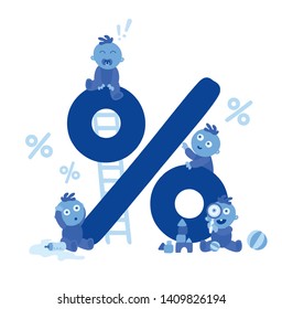 Happy blue toddlers on white background. Little kids sitting on a percent (%) sign, announcing sale at children clothes boutique. Black Friday, Cyber Monday and summer sale discounts in fashion stores