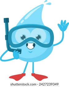 Happy Blue Water Drop Cartoon Character With Snorkel Waving. Vector Illustration Flat Design Isolated On Transparent Background