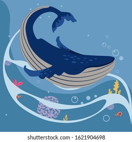 happy blue whale, underwater life, vector illustration, fish,algae, corals cartoon style