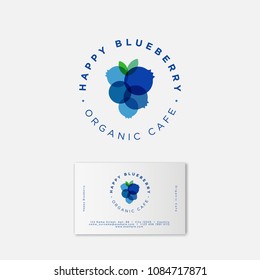 Happy Blueberry logo and business card. Transparent blue berries emblem. Organic food emblem. Beautiful blue berries with letters in a circle. 