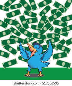 Happy bluebird is celebrating because money is falling from the sky