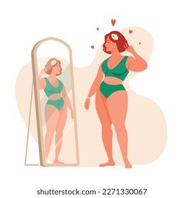 Happy body positive concept  Happy beautiful woman smiling at her mirror image  Concept self love   acceptance  A person and healthy self  image  Colored flat vector illustration isolated wh