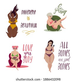Happy body positive concept. I love my body. Attractive overweight woman. For Fat acceptance movement, no fatphobia. Different plus size women. Illustration on white background with lettering.