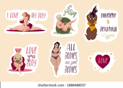 Happy body positive concept, set of stickers with lettering. I love my body. Attractive overweight woman. For fat acceptance movement, no fatphobia. Different plus size women. vector illustration. - Shutterstock ID 1888488037