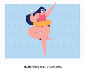 Happy body positive female character on the beach with cocktail. Vector illustration for web banner, infographics, mobile. Happy woman on the beach.