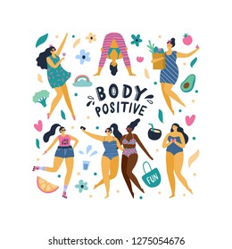 Happy body positive girls enjoy life. Attractive plus size woman doing yoga, fun, love, drinking wine, eat health foo and other. Vector illustration.