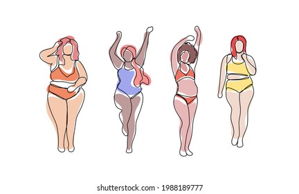 Happy body positive multiethnic girls are standing in different poses. Plus size model. Love your body concept. All bodies are beautiful. Abstract trendy one line illustration