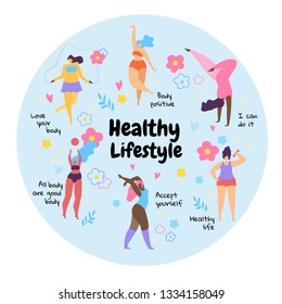 Happy Body Positive Overweight Girls Healthy Lifestyle. Attractive Multiracial Plus Size Women Different Types, Weight and Height Taking Exercise and Doing Sport. Cartoon Flat Vector Illustration.