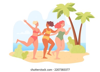 Happy body positive woman on beach flat vector illustration. Beautiful plus size models in bikini. Girls walking along seashore. Summer, vacation, leisure activity concept