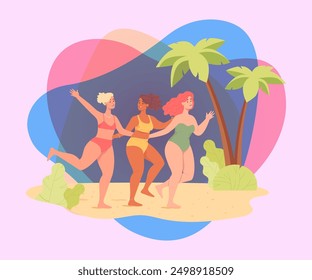 Happy body positive woman on beach flat vector illustration. Beautiful plus size models in bikini. Girls walking along seashore. Summer, vacation, leisure activity concept