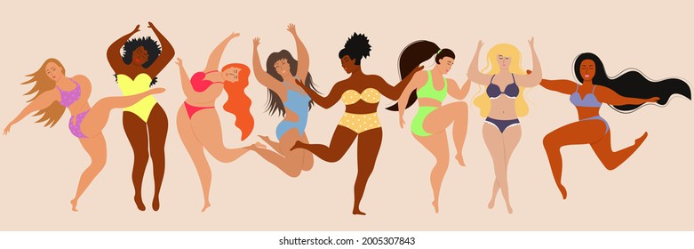 Happy Body Positive Women. Body Positive Concept With Different Sizes And Races Women. Female Freedom, Girl Power Or International Women's Day. Feminism, Self-acceptance And Liberty.