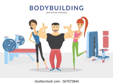 Happy bodybuilder with two women in the gym demonstrates his muscles. Flat concept illustration of active lifestyle isolated on white