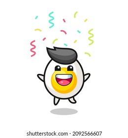 happy boiled egg mascot jumping for congratulation with colour confetti , cute style design for t shirt, sticker, logo element