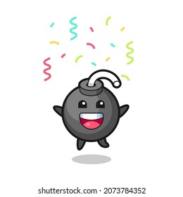 happy bomb mascot jumping for congratulation with colour confetti , cute style design for t shirt, sticker, logo element