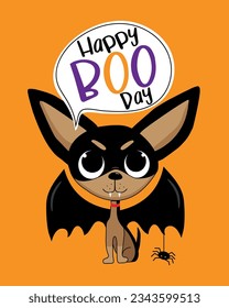 Happy Boo Day - cute chihuahua dog with bat wings and spider and speech bubble.
Good for greeting card, T shirt print, poster label, and other decoration for Halloween.