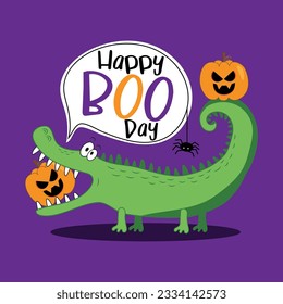 Happy Boo Day - Funny Alligator und Jack von Laterne und Sprache Blasen. Spooky Spinne und Kürbisse. einzeln auf violettem Hintergrund. Halloween-Dekoration.